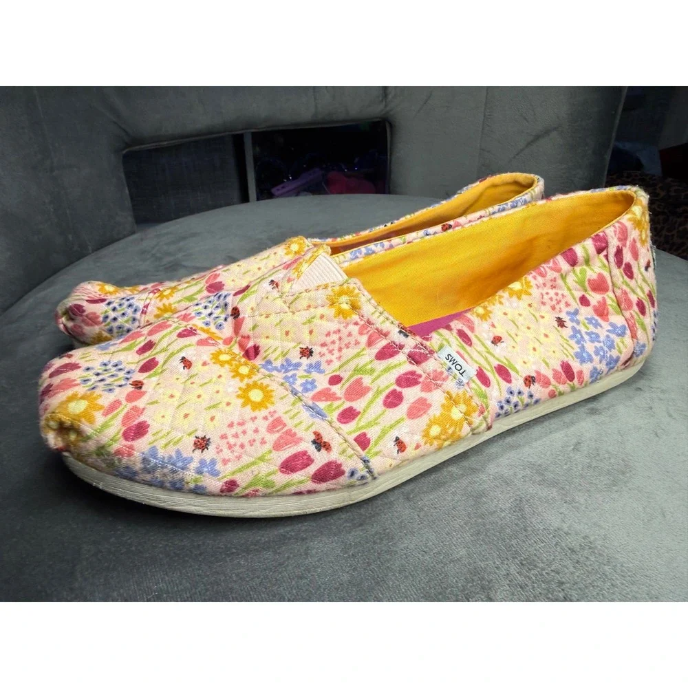TOMS Alpargata Floral Ladybug Print Quilted Canvas Slip On‎ Shoes Womens 9 Pink